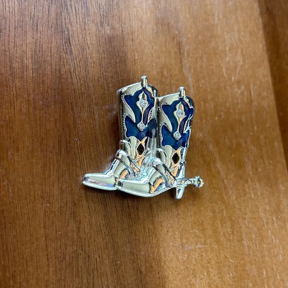 Vintage Silver Tone Cowboy Boots Brooch | Blue Enamel & Rhinestone Western Pin